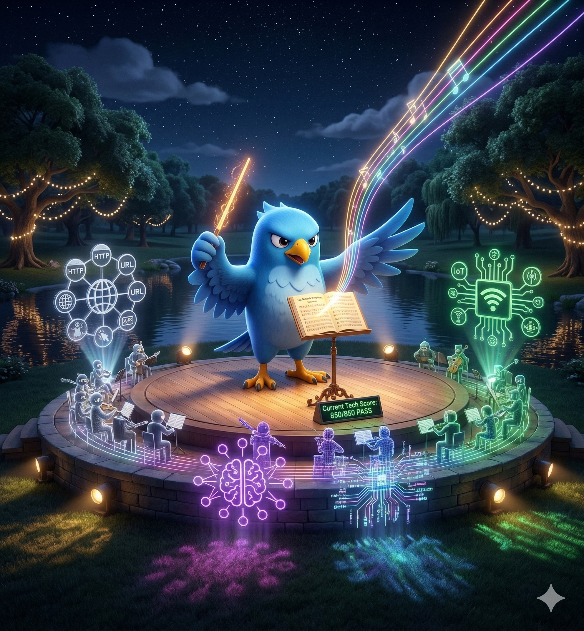 Building the tool that builds tools — Falcoya conducting three holographic orchestras of HTTP, AI, and IoT from a single score on a park stage at night